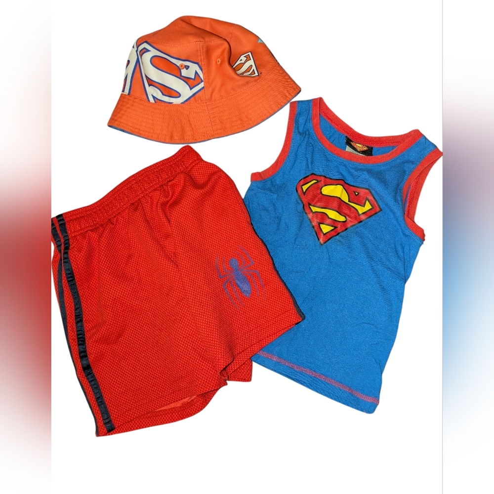 DC Comics Superman Boys Blue Tank, Red Shorts & Orange Bucket Hat SUMMER BUNDLE